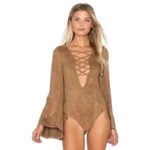 Show Me Your Mumu Louisiana Lace Up Bodysuit in Penny Stretch Suede